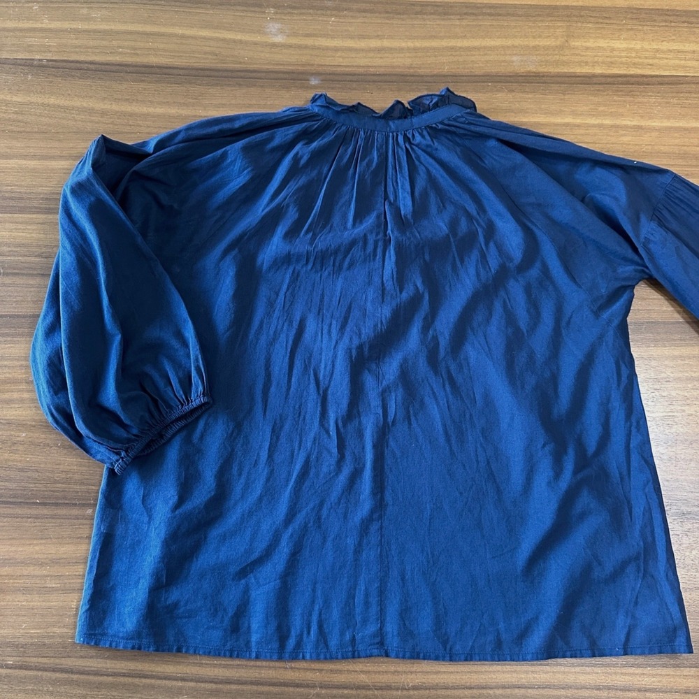 Apiece Apart Popover Cotton Blouse 8 Navy Blue Peasant 3/4 Balloon Sleeve Top - Picture 11 of 11